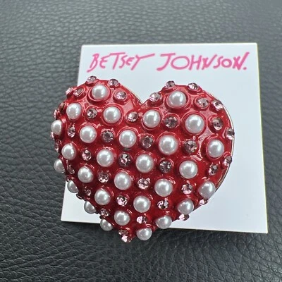 Betsey Johnson Red Heart Ring Enamel/Dotted Pearls Stretched 7-8