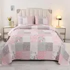 Floral Patchwork Quilt Set Full Queen Size, Pink Grey Quilted Bedspread Cover...