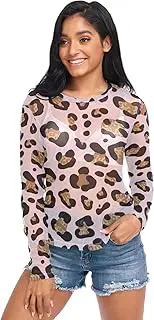 [RPLIFE] Bold Leopard Spots Black Tan Soft Pink Mesh Blouse, Women's Sheer Blouses S-XXL