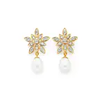 9ct Gold, Cultured Freshwater Pearl & Diamond Flower Stud Earrings in White