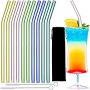 10 Pack Reusable colorful Glass Straws, 8" Shatter-Resistant Bent Drinking Straws for Smoothies, Milkshakes, Hot/Cold Drinks, with 2 Cleaning Brushes Dishwasher Safe Fits Tumblers, Tervis, Mason Jars