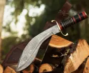 Handmade Damascus Kukri Knife, Leather Hanging Sheath Cover, Survival Knife