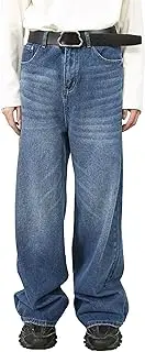 [Generic] Men's Loose Fit Hip Hop Streetwear Jean Baggy Wide Denim Jeans Vintage Dance Y2k Skateboard Pants, Deep Blue 3, Small