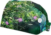 [WOSHJIUK] Working Hat 2 Pack Scrub Caps for Women,Vintage Colorful Blue Peacock,Tie Back Cap Adjustable Scrub Hat