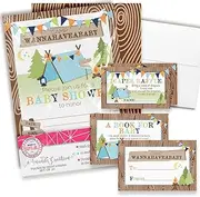 Baby Shower Invites for Boys – Camping Baby Shower Invitation Bundle with Diaper Raffle Tickets, Book Request Cards & Envelopes. Set of 20 5X7 Camp Wanna-Have-A-Baby Invitation Kit Sets
