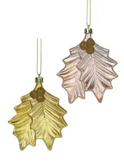 Gold & Light Rose Gold Mistletoe Leaves Tree Hanging Decorations - 2 x 12cm