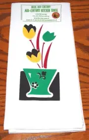 RETRO MID-CENTURY MODERN METRO TULIPS FLOUR SACK DISH TOWEL, RED & WHITE KITCHEN