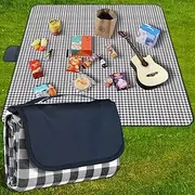 GUSUWU Picnic Blanket Waterproof Beach Rug 200×300cm Picnic Mat Washable Lightweight with Handle Navy Blue Checkered for Hiking,Travelling,Outdoor Camping,Parks