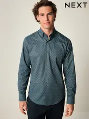 Navy Blue Block Print Regular Fit Easy Iron Button Down Oxford Shirt (K77920) | $32