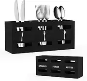 Cutlery Organizer Caddy with 3 Compartments, Black Utensil Holder for Kitchen Counter, Silverware Holder for Party, Wooden Spoon and Fork Organizer, Farmhouse Flatware Organizer (Black)