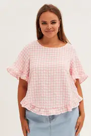 Pink Check Relaxed Top Short Sleeve Ruffle