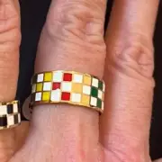 Colorful Checkered Band Titanium Ring Gold Plated Statement Ring Size 7