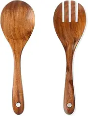 Teak Wood Salad Serving Spoon and Spork 10.2-Inch, Wooden Salad Server Set of 2, Teak Wooden Salad Spoon and Fork, Wood Cooking Spoons for Mixing, Stirring & Serving