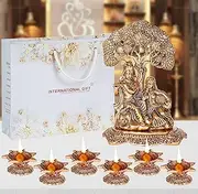 Copper Radha Krishna Idol with 6 Pics Jyot Set with Royal Luxury Velvet Box Packing and Beautiful Carry Bag