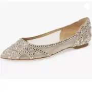 XYD Women Elegant Pointed Toe Rhinestone Flats Mesh Slip On Low Heel Nude Shoes