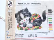 Adorable Black White Kitten Cat w Flowers Needlepoint Canvas Grafitec 1117621