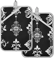 Kitchen Pot Holders Heat Resistant Carved Style Black and White Pattern Potholders with Pocket Hotpads Kitchen Oven Mitts 2 Pack