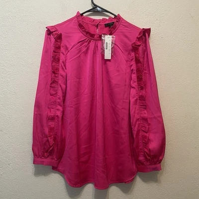 J Crew Hot Pink Satin Top S Ruffle Balloon Sleeve Romantic Girly Preppy NEW