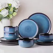 [LERATIO] Ceramic Dinnerware Sets for 4,Porcelain Plates and Bowls Sets,Handmade Reactive Glaze Dishes Set,Chip Resistant and Scratch Resistant | Oven&Dishwasher & Microwave Safe,Service for 4-Blue
