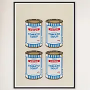 Galrie Banksy Four Soup Cans Art Print - Gold on Cream, 2005 Limited Edition, Black Frame, A4 21 x 30cm (8 x 12inch)