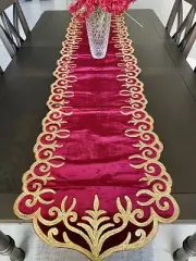 Table Runner: 85 x 20 inches approx. Red background with Gold Silk Embroidery
