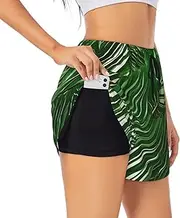 [GaxfjRu] Lush Green Palm Leaves Print Women's Running Shorts High Waisted Running Shorts Pocket Sporty Gym Elastic Short