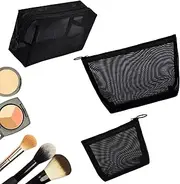 3-Pack Mesh Makeup Bags – Portable Travel Cosmetic Pouches, Zipper Toiletry Organizers for Home, Office, and Travel (Black)