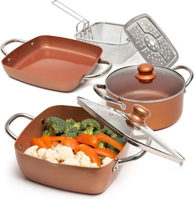 7 Pcs Copper Pots and Pans Set, Copper Chef Cookware Non Stick, Square Copper Pa