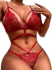 [Zylphorix] Red Floral Lace Plunge Bra with Crisscross Front Straps & Sheer Detailing - Women's Romantic Lingerie Top