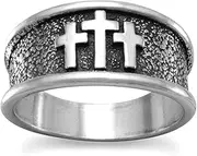 [JewelryWeb] Three Religious Faith Cross Ring-Oxidized-Ring 3 Raised Crosses The Top Tapers Down From 10.5mm Band Style-Ring for Women