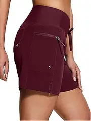 [ISEEGZ] Women's 5" High Waisted Swim Board Shorts Quick Dry UPF 50+ Womens Swim Trunks Bottoms with Liner Zipper Pockets, Burgundy, Medium
