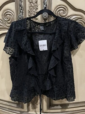 Forever 21 Animal Pattern Sz M Sheer Wrap Tie Short Sleeve Top Black