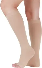 20-30 mmHg Compression Socks Below Knee Open Toe (M, Beige)