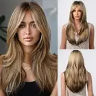 Long Straight Wigs for Women Ombre Brown Blonde Hair Wig with Bangs Highlight...
