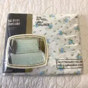 J C Penney Vintage Percale Fitted Sheet Full Size Blue Floral On White New Old