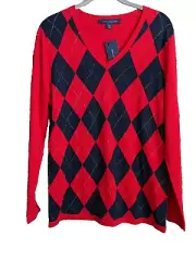 Tommy Hilfiger Argyle Diamond Sweater Mens L Red V-Neck Long Sleeve Pullover NWT