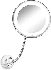10x Magnifying LED Lighted Makeup Mirror, 7" Flexible Goose-neck, 360° Swivel Wall Mirror, Bathroom Magnification LED Daylight Vanity Mirror with Suction Cup, Cordless, Bathroom & Travel Mirror