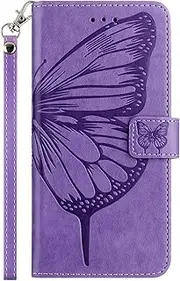 for iPhone 13 mini Wallet Case, Embossed butterfly and flower Leather Flip Cover with Card holder,with Wrist Strap Protective Case for iPhone 13 mini (Light purple)