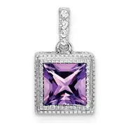 14k White Gold Square Amethyst and Real Diamond Pendant