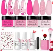 Honey Joy Dip Powder Nail Kit Starter, 4 Colors Hot Pink Glitter Fine Dipping Powder Liquid Set with Base Top Coat Activator for Nail Art Manicure Salon DIY No LED Nail Lamp Needed, Dip-7pcs-01