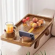 Acacia Wood Couch Arm Tray, Wooden Sofa Armrest Tray Table with 360° Phone Holder, Clip Trays Side Table for Couch, Foldable Universal Cup Holder for Breakfast/Eating/Drink, Arm Chair Tables Trays