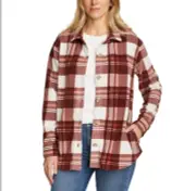 Eddie Bauer Women XL Brown Plaid Microfleece Button Up Flannel Shirt Shacket