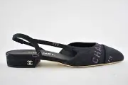 Chanel 22P Mademoiselle Coco Sling Black Grey Denim Slingback Ballet Flat 36.5