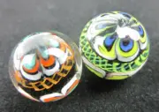 2 RINKY-DINK 16mm Handmade Art Glass Orange Blue Green Lattice Design Marbles