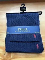 Polo Ralph Lauren 2 Piece Set Hat & Scarf Navy Blue Wool Blend Men’s NWT