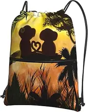 EdWal Cute Couple Monkey Print Drawstring Backpack Gym Bags Sports Bags With Zipper Pocket For Travel Beach, Black, One Size
