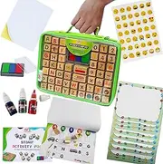 Large Wooden Stamp Premium Set for Kids. 72 Pcs Alphabet Stamps. Letters, Numbers, Emojis, 3-Color Washable Ink Pad, 3 Refill Bottles, Activity Book. Ideal Creativity Kit for Back to School
