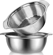 304 Stainless Steel Colander With Handle, 2-Quart Micro-Perforated Strainer Colander Set with Mixing Bowl, BPA Free, Great for Draining Cooked Pasta, Noodles,Washing Vegetables, Fruits(2PC)