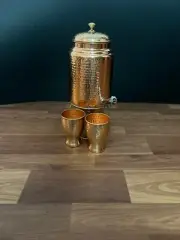 5L Pure Copper Water Hand Hammered Dispenser With Brass Stand/ Two Copper glassS