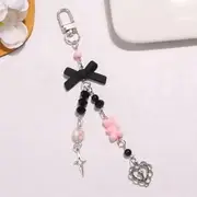 Ribbon Phone Strap / Keychain Q1487-4 - Phone Strap - Black & Pink & Silver - One Size